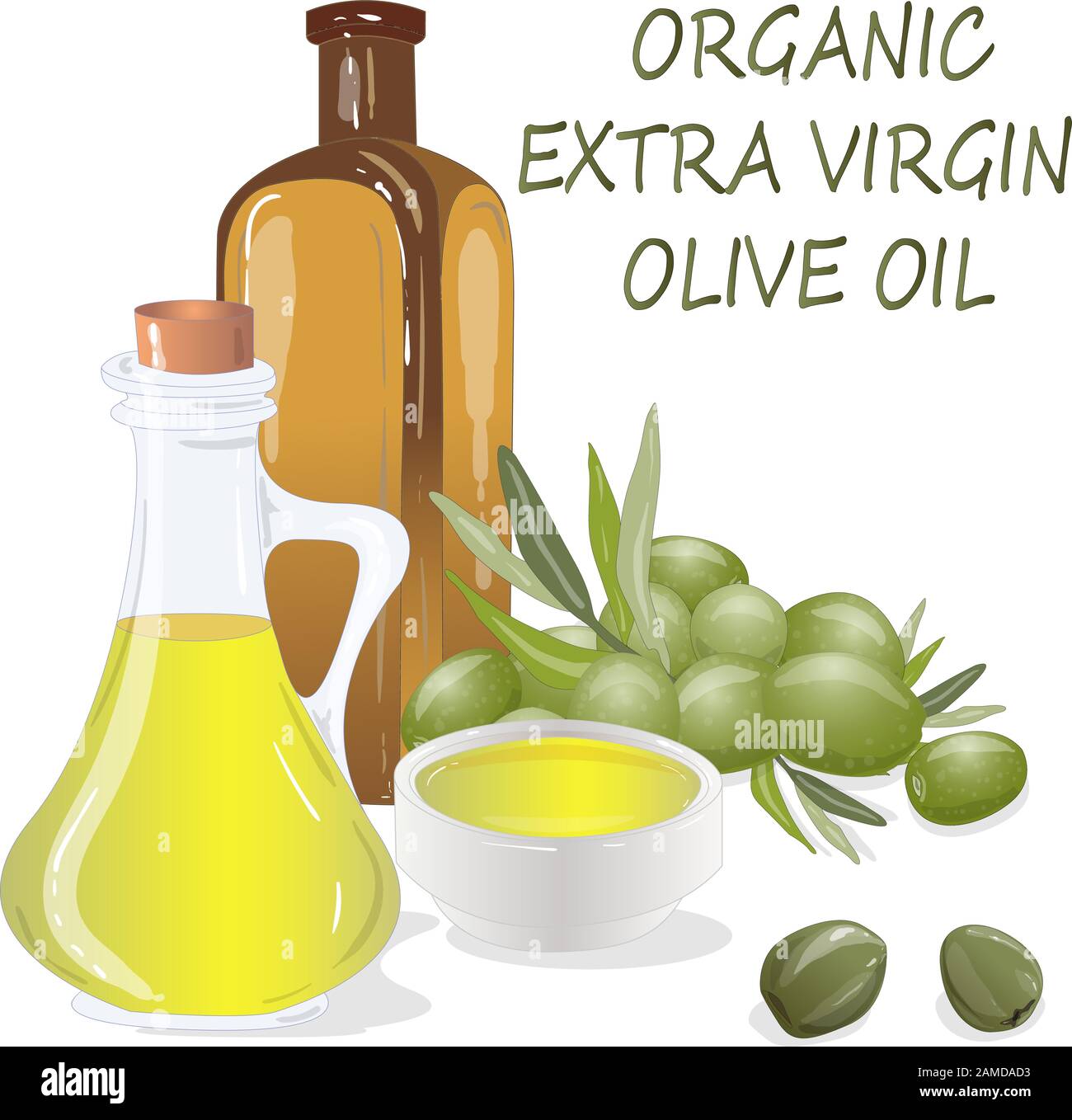 Premium virgin olive oil and some olives isolated on a white background ...