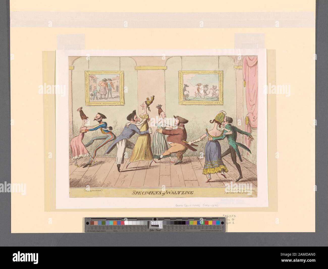 Specimens of waltzing  Caricature, possibly depicting the interior of a dancing school. Four couples, composed of singularly unattractive men and women, practice the waltz. The men dance with their arms around the women's waist; the women perform the dance with their hands resting on their partners' shoulders. There are two paintings on the back wall. The painting at left depicts two itinerant musicians playing fiddles while a young boy begs for coins; the painting at right shows four dancing dogs. Citation/Reference: Reproduced in Dance magazine, April 1951, p. 17.; Specimens of waltzing Stock Photo
