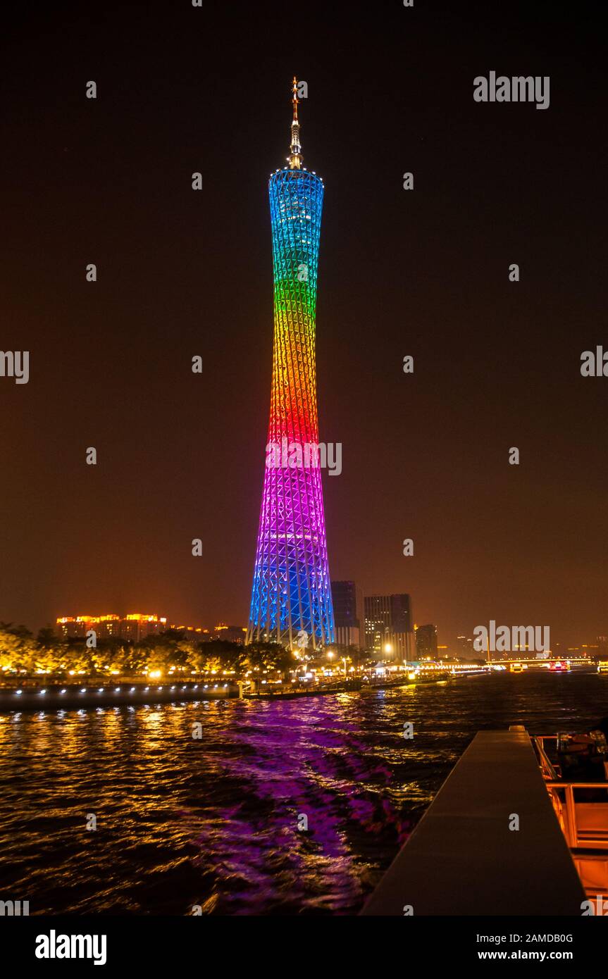 The Canton Tower seen from a river cruise at night in Guangzhou, China. Stock Photo