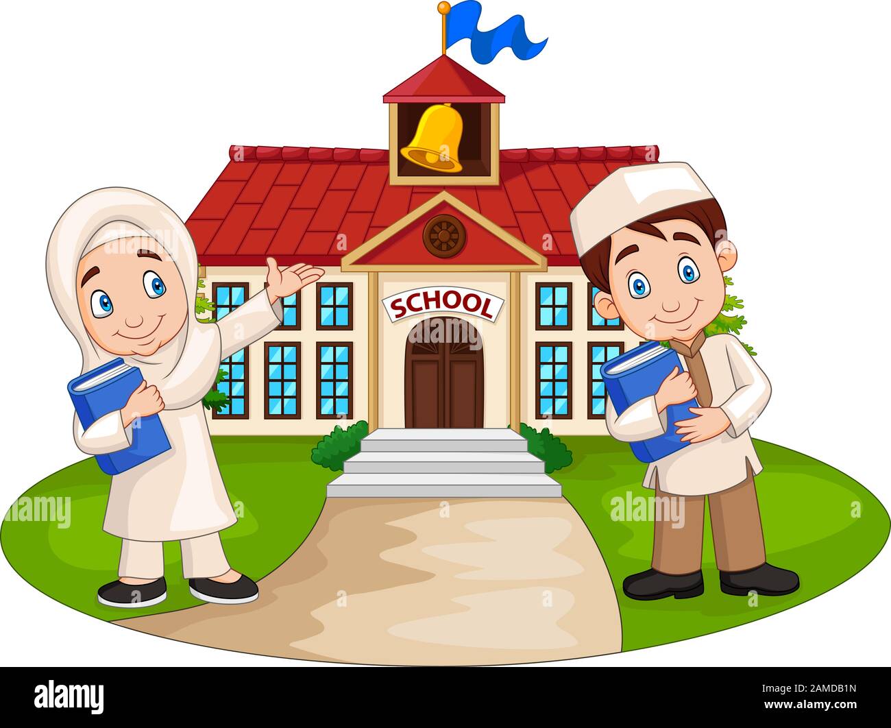 Happy cartoon Muslim kids in front of school building Stock Vector Image &  Art - Alamy
