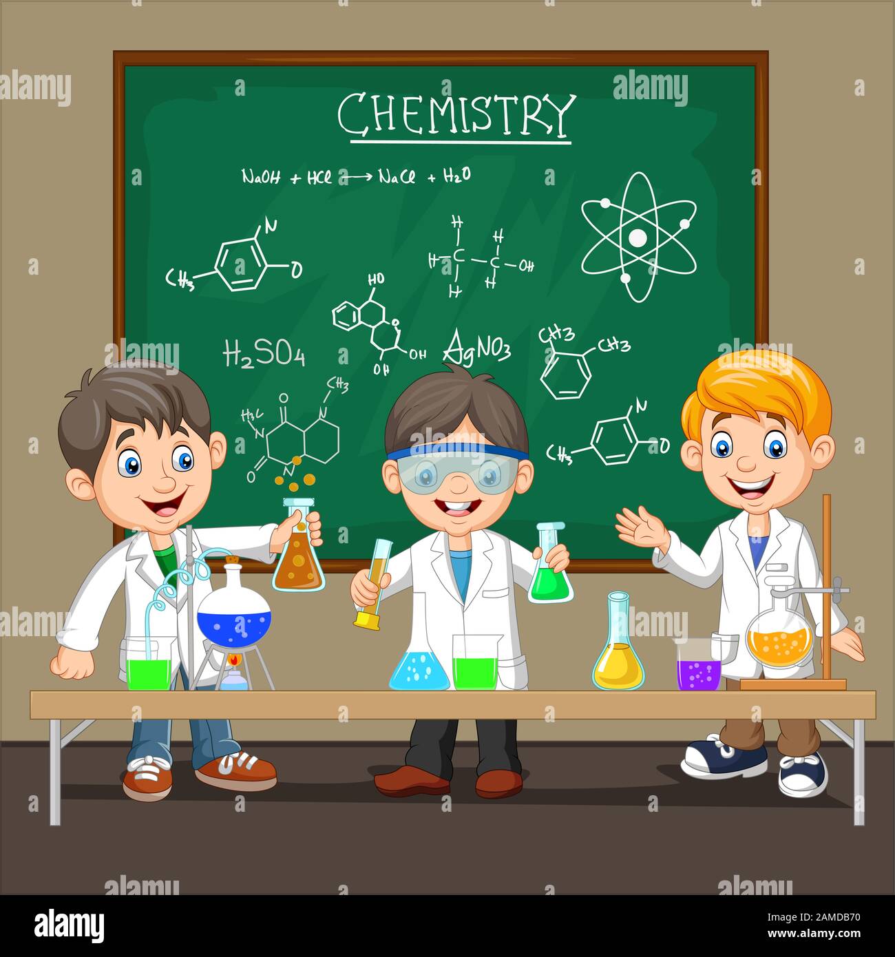 Group of scientist boy doing chemical experiment Stock Vector