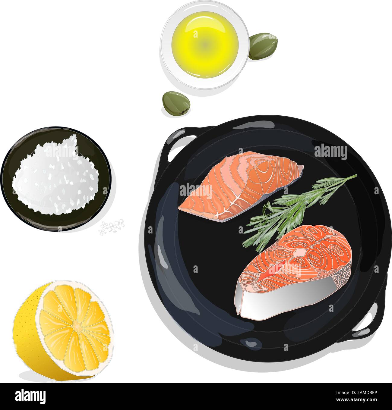 Raw Salmon Fillets On The Pan With Herbs White Background Vector