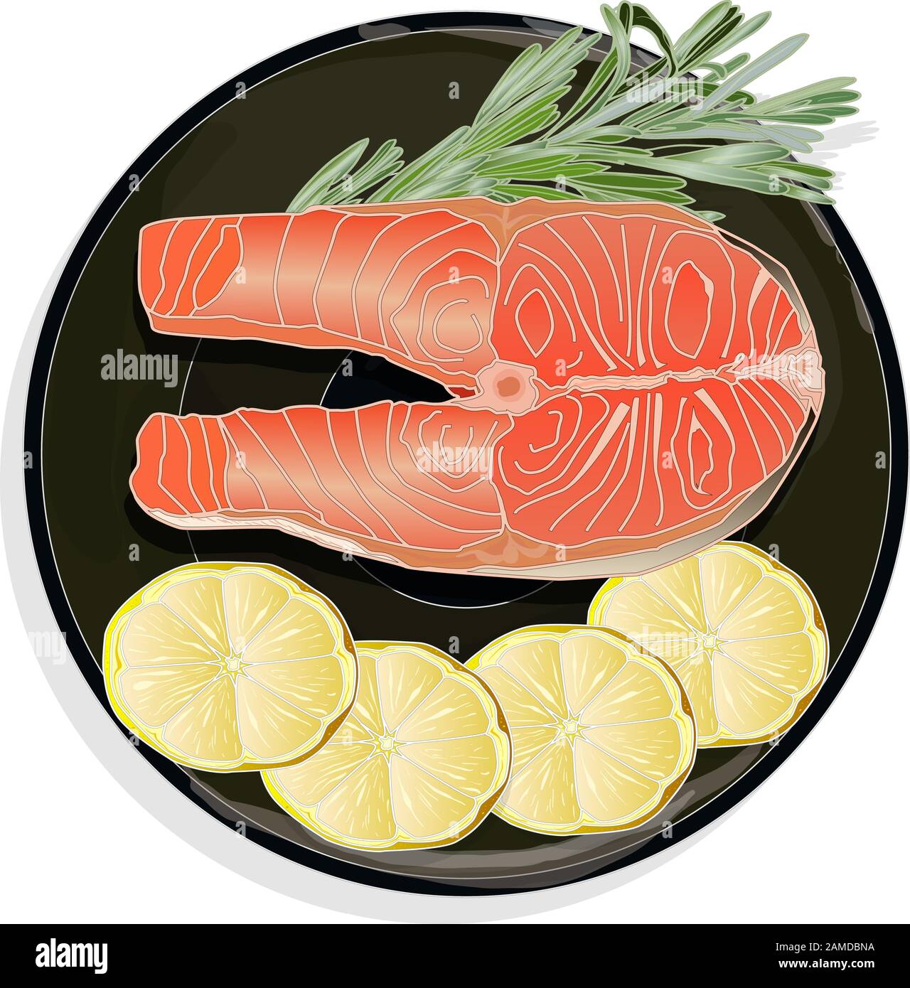 Raw salmon fillets with herbs on the plate. White background. Vector ...