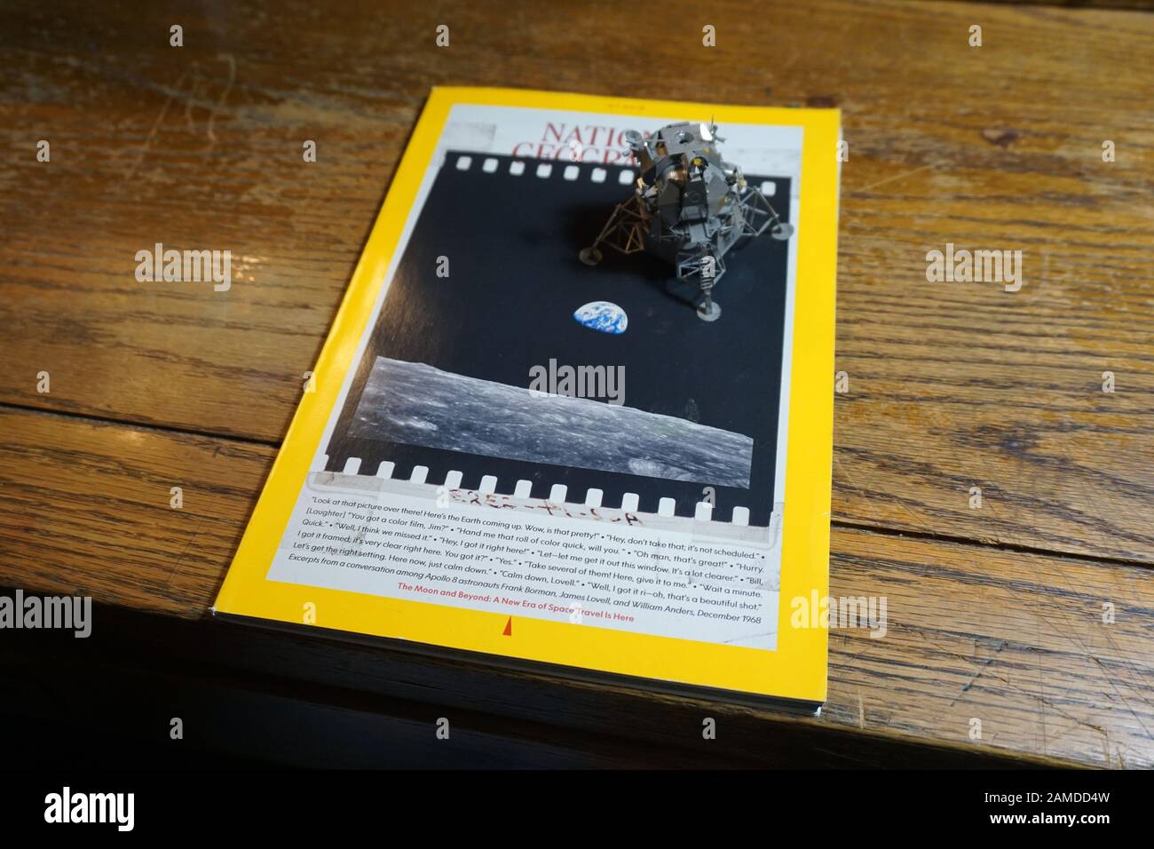 National Geographic Magazine and a model of the Apollo 11 moon lander Stock Photo