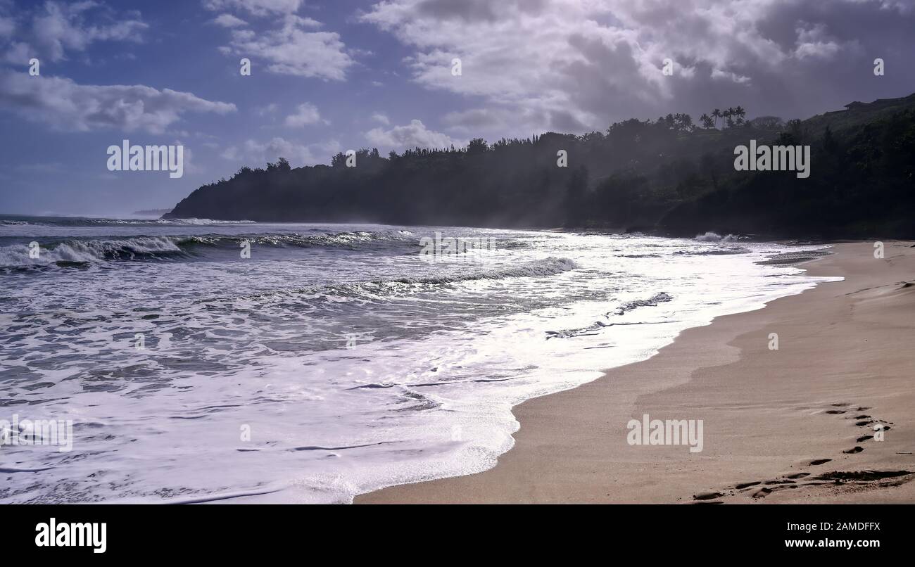 The beach along the coast of Kauai, Hawaii. Stock Photo