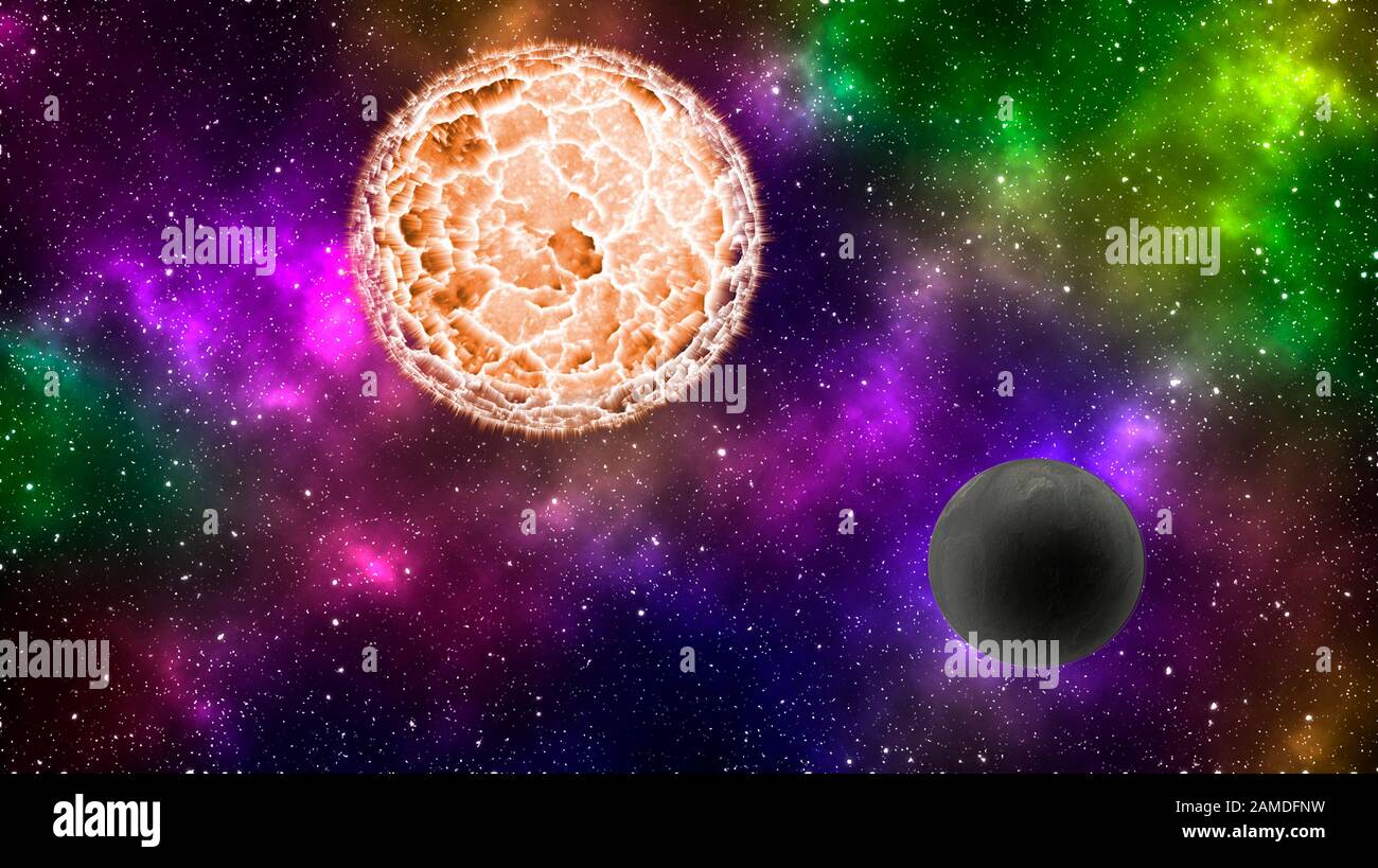 Star and planet in deep space. Colorful cosmic background Stock Photo