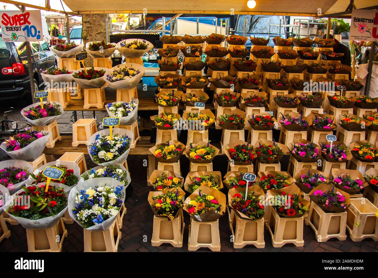 colorful and beautiful bouquets of flowers for sale on a market stand in Amsterdam, Netherlands Stock Photo