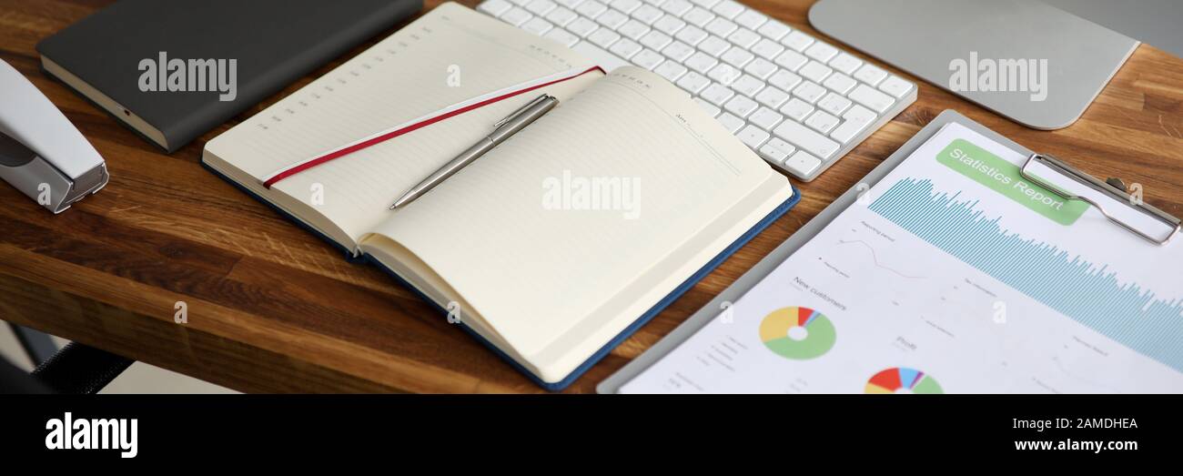 Empty business office with stationery lie on wooden Stock Photo