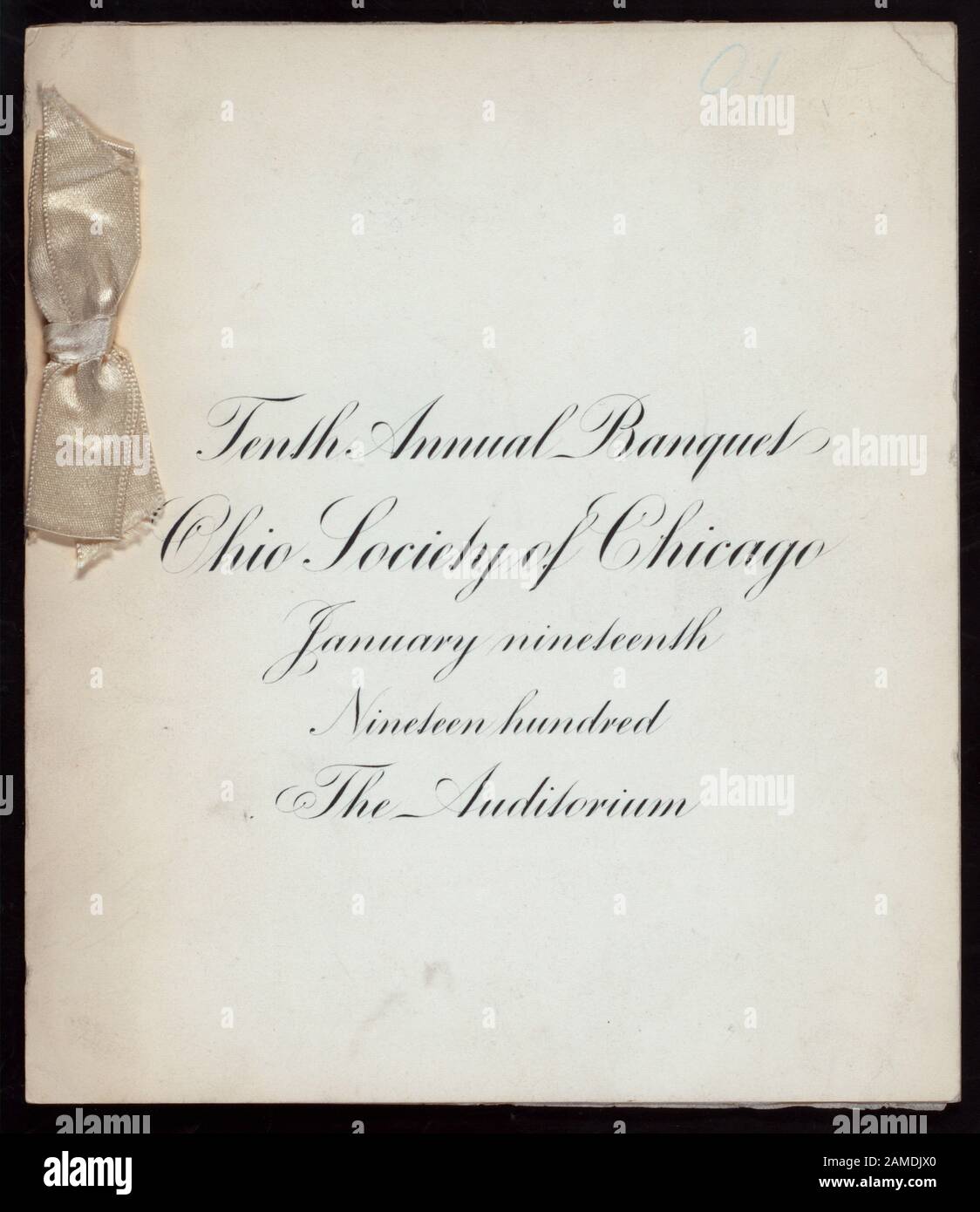 TENTH ANNUAL BANQUET (held by) OHIO SOCIETY OF CHICAGO; (at) AUDITORIUM, THE (REST;)  AFTER DINNER TOASTS LISTED; WHITE SATIN RIBBON; TENTH ANNUAL BANQUET [held by] OHIO SOCIETY OF CHICAGO; [at] AUDITORIUM, THE (REST;) Stock Photo