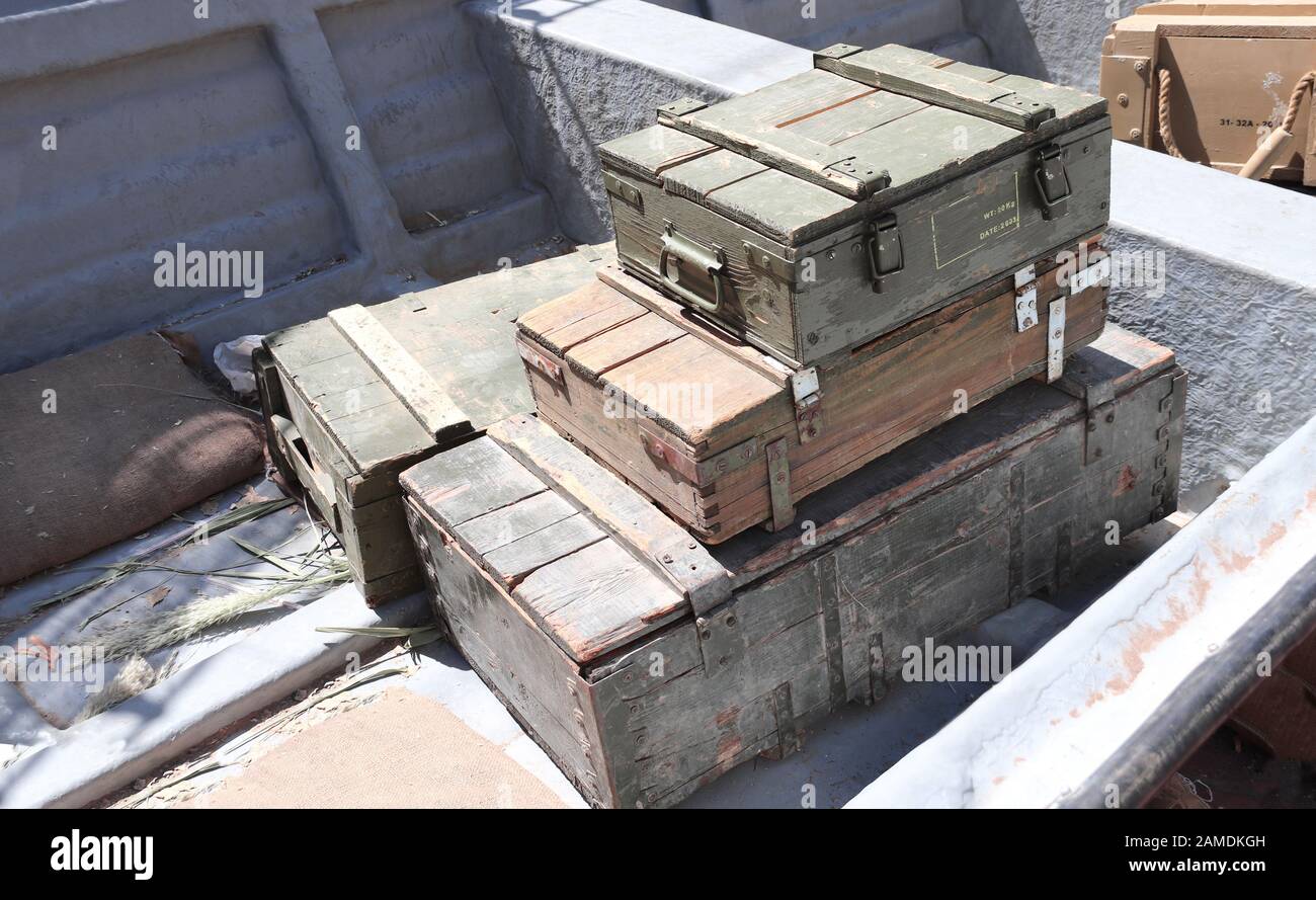 Old wooden projectile box with shells in a boat, Iran Stock Photo