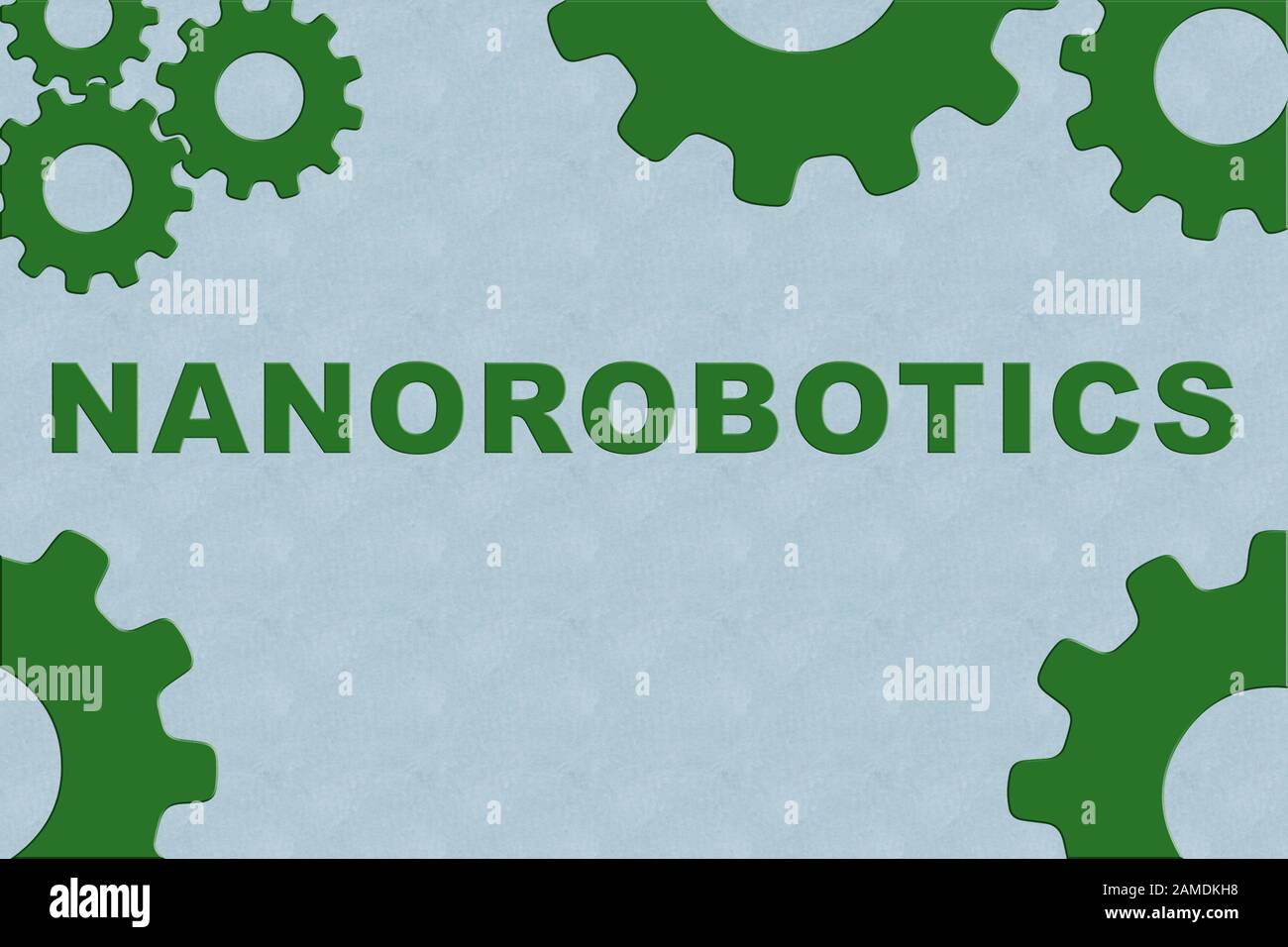 NANOROBOTICS sign concept illustration with green gear wheel figures on pale pattern background Stock Photo