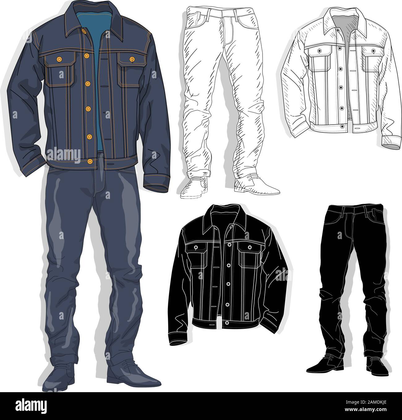 Set of jeans denim clothes isolated on white background. Vector