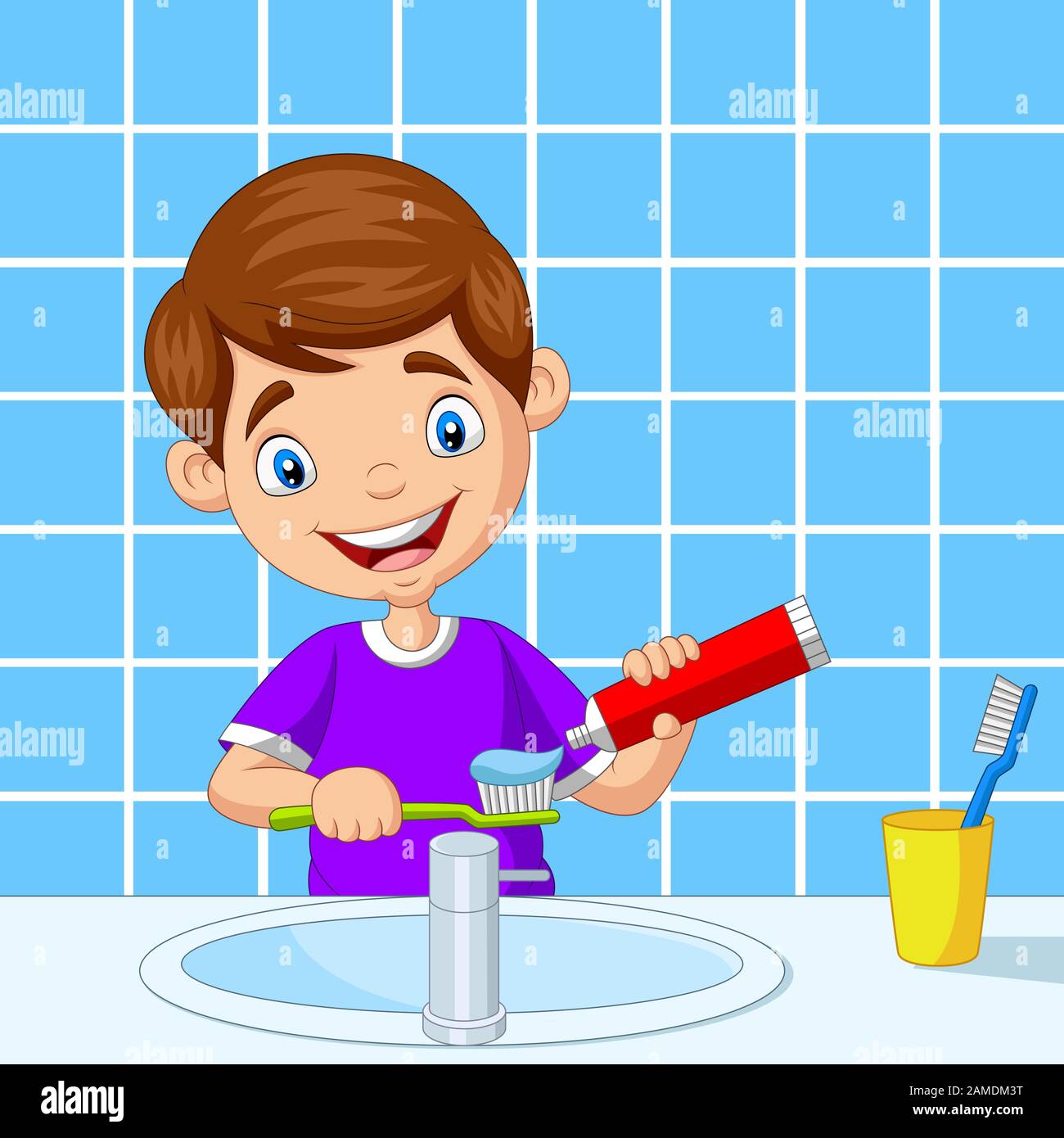 Cute little boy brushing teeth in bathroom Stock Vector Image & Art - Alamy