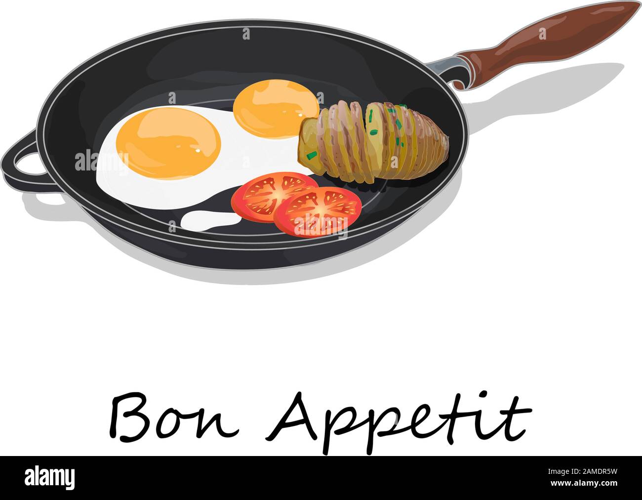 Fried egg, sliced tomato and baked potato. Vector illustration of food