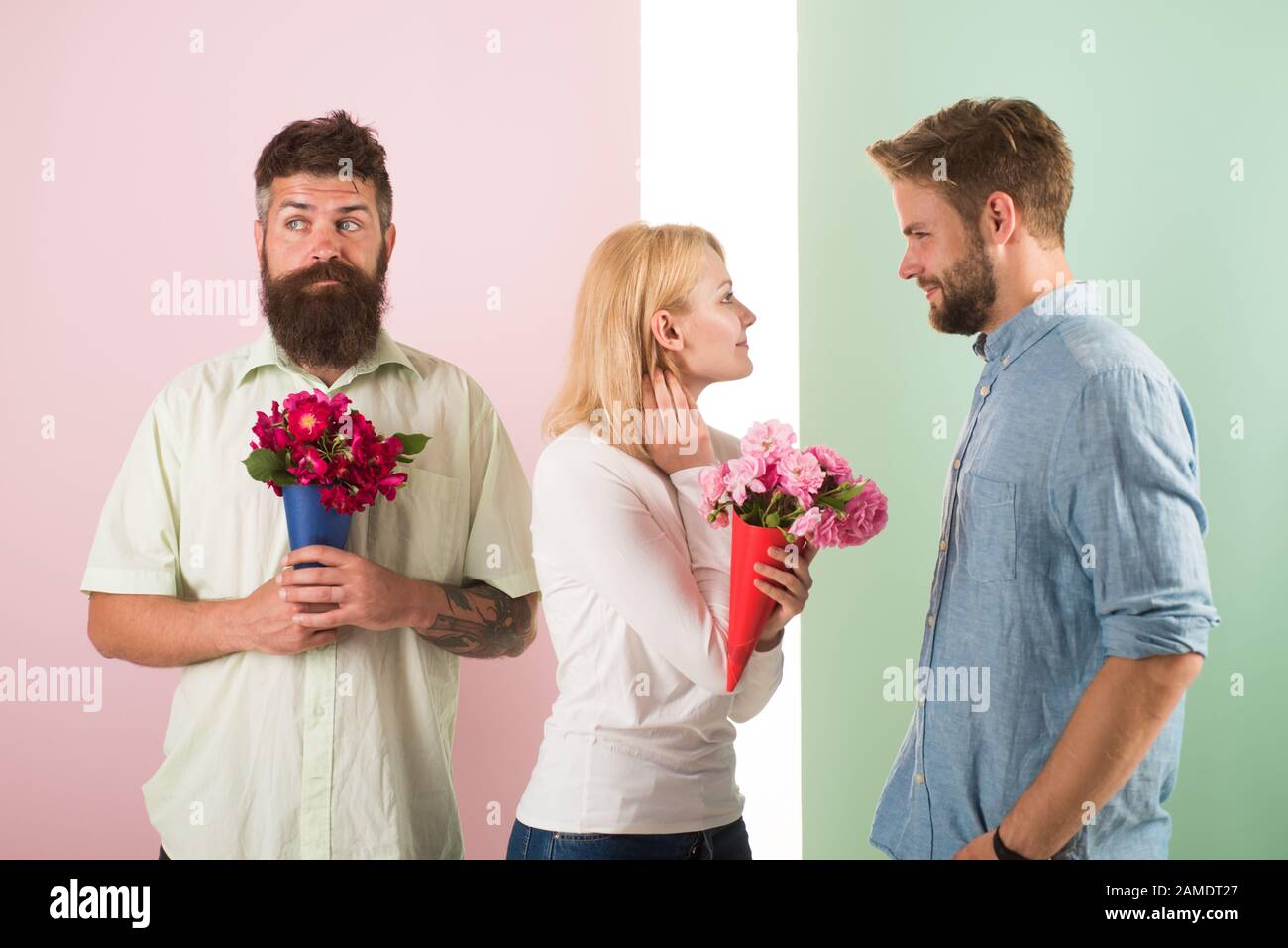 Men Competitors With Bouquets Flowers Try Conquer Girl Girl