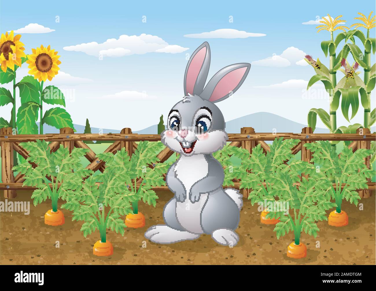 Cartoon rabbit with carrot plant in the garden Stock Vector