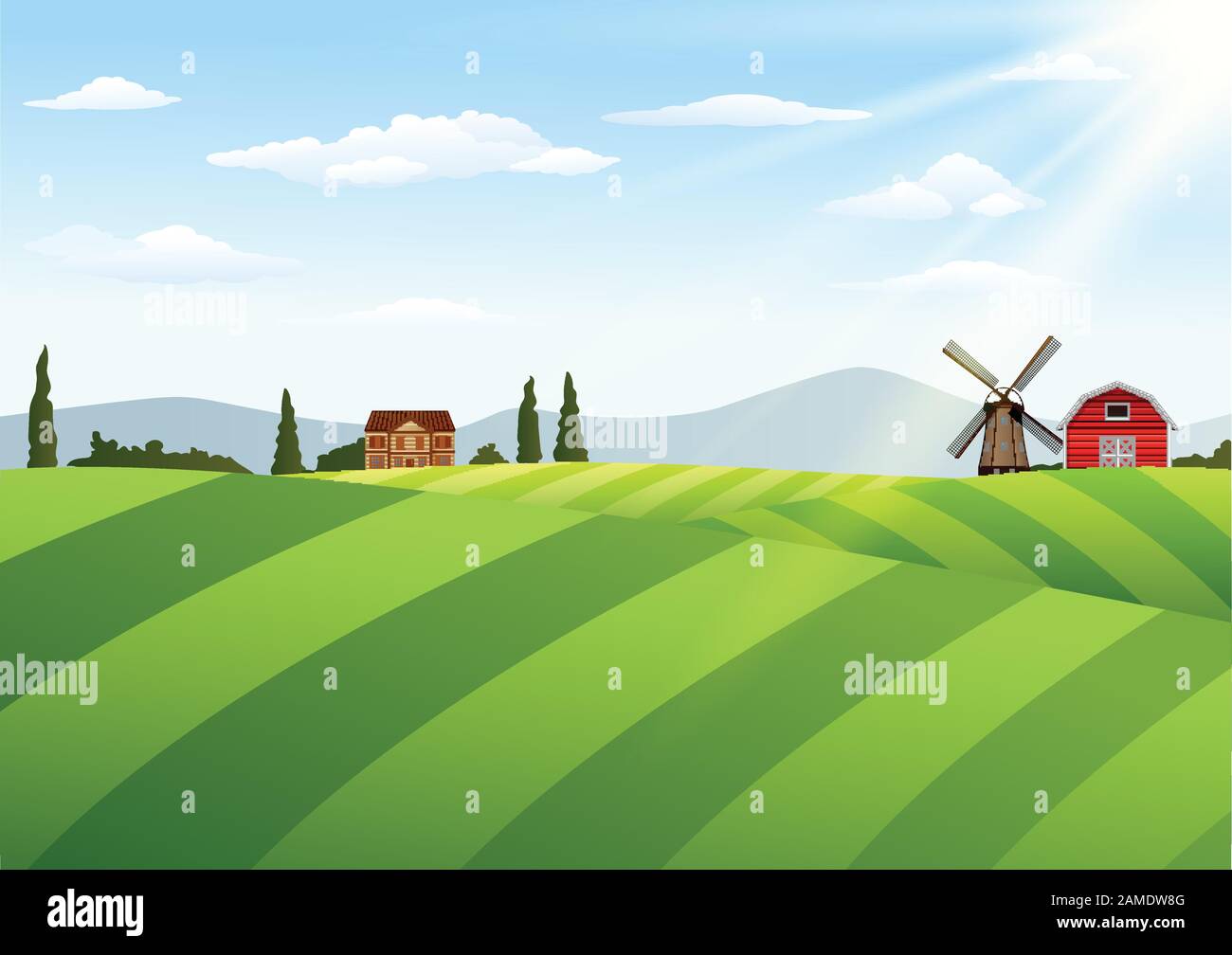 Farm landscape with barn and windmill Stock Vector Image & Art - Alamy