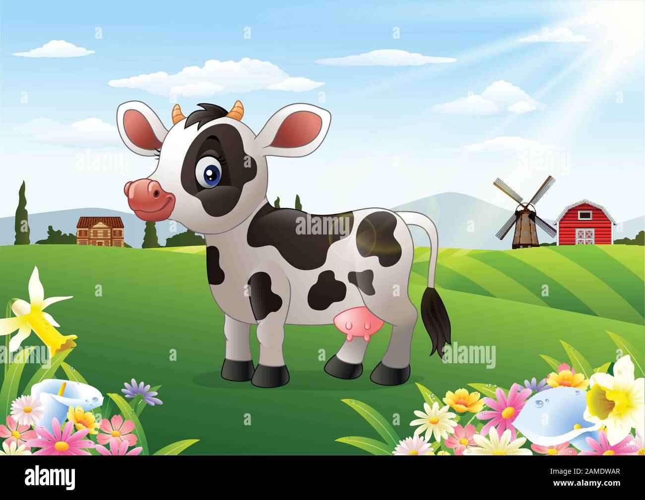 Cartoon cow in rural landscape with blooming flowers Stock Vector Image &  Art - Alamy