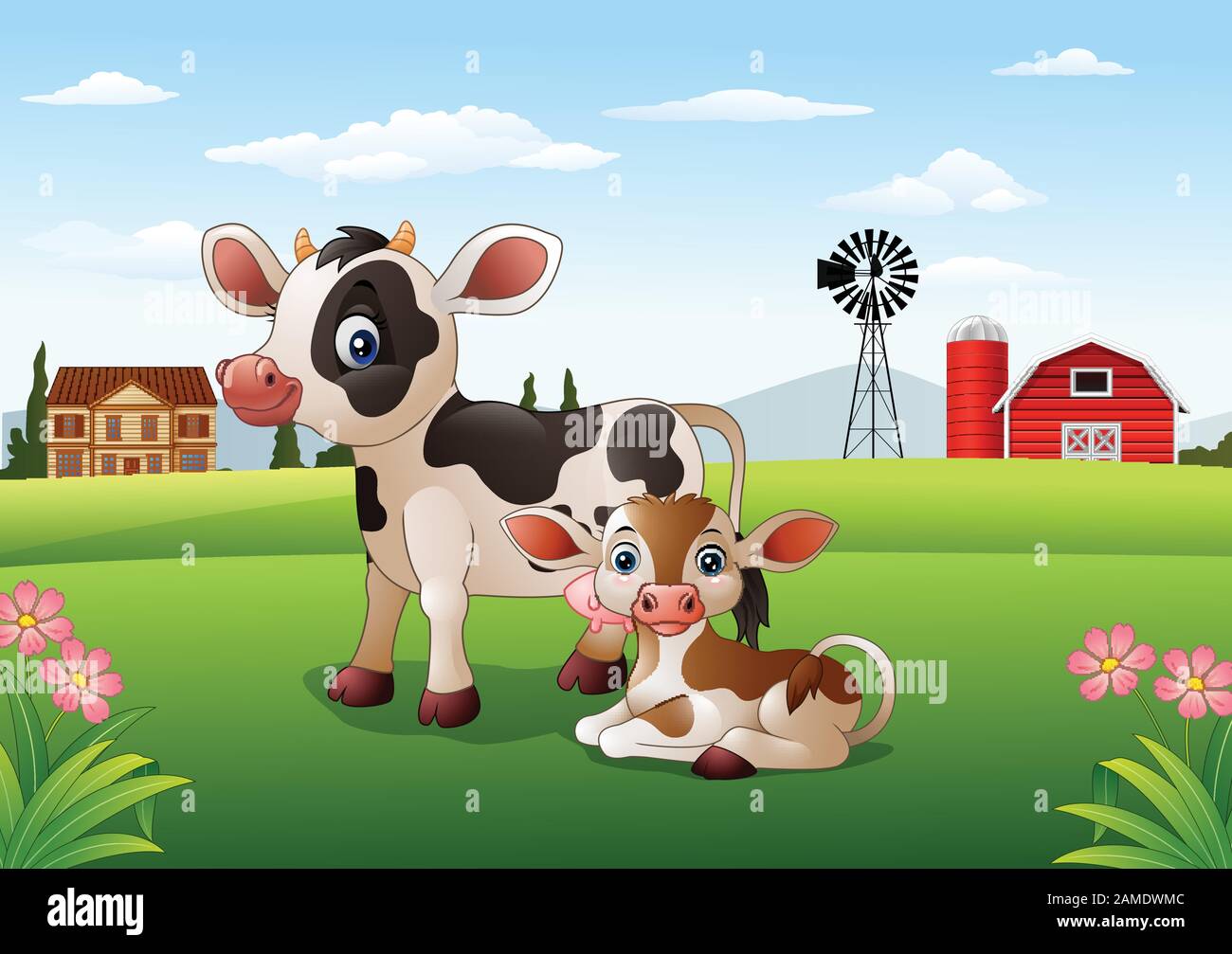 Cartoon cow and calf with farm background Stock Vector Image & Art - Alamy