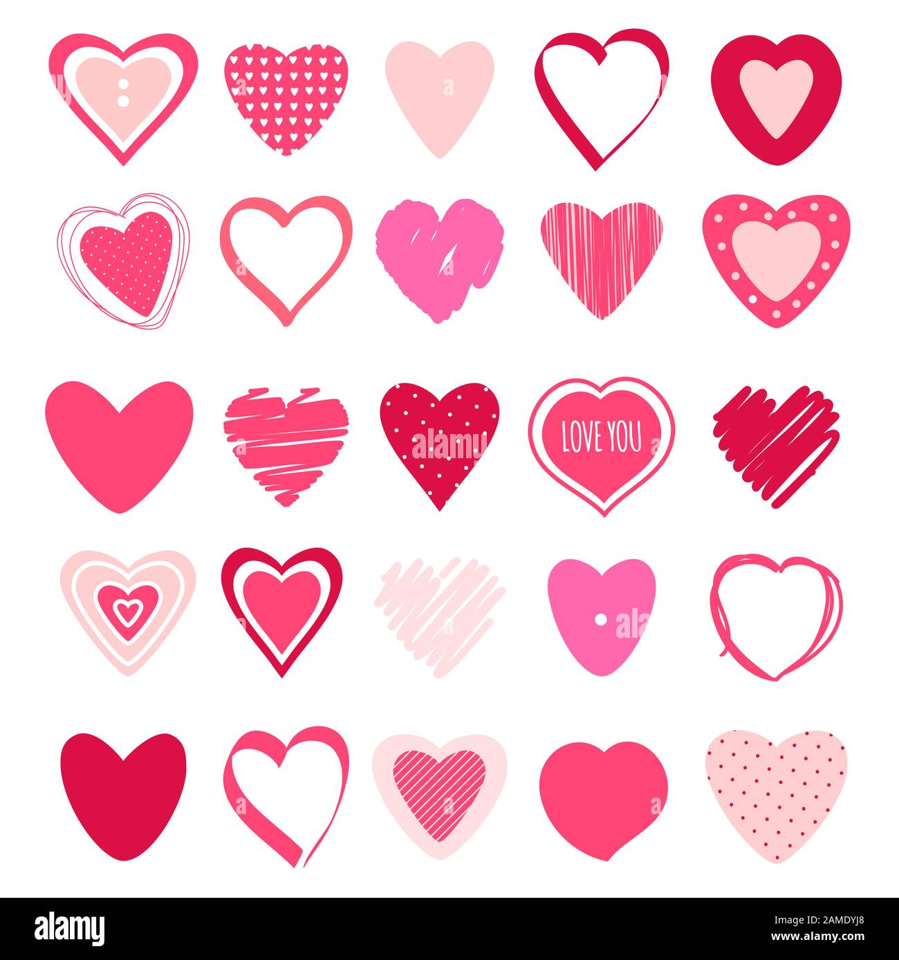 Set of Valentine heart icons of different shapes, red and pink colors. Collection of design elements for Valentine's day. Flat design. Isolated on whi Stock Vector