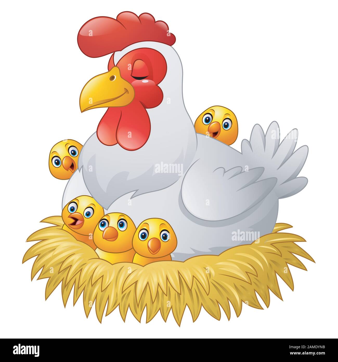 Cute cartoon hen with chickens sitting in a nest Stock Vector