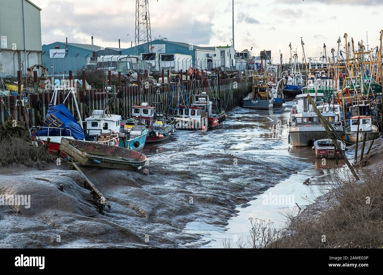 View of the Kings Lynn fisher fleet at low tide, West Norfolk.uk Stock