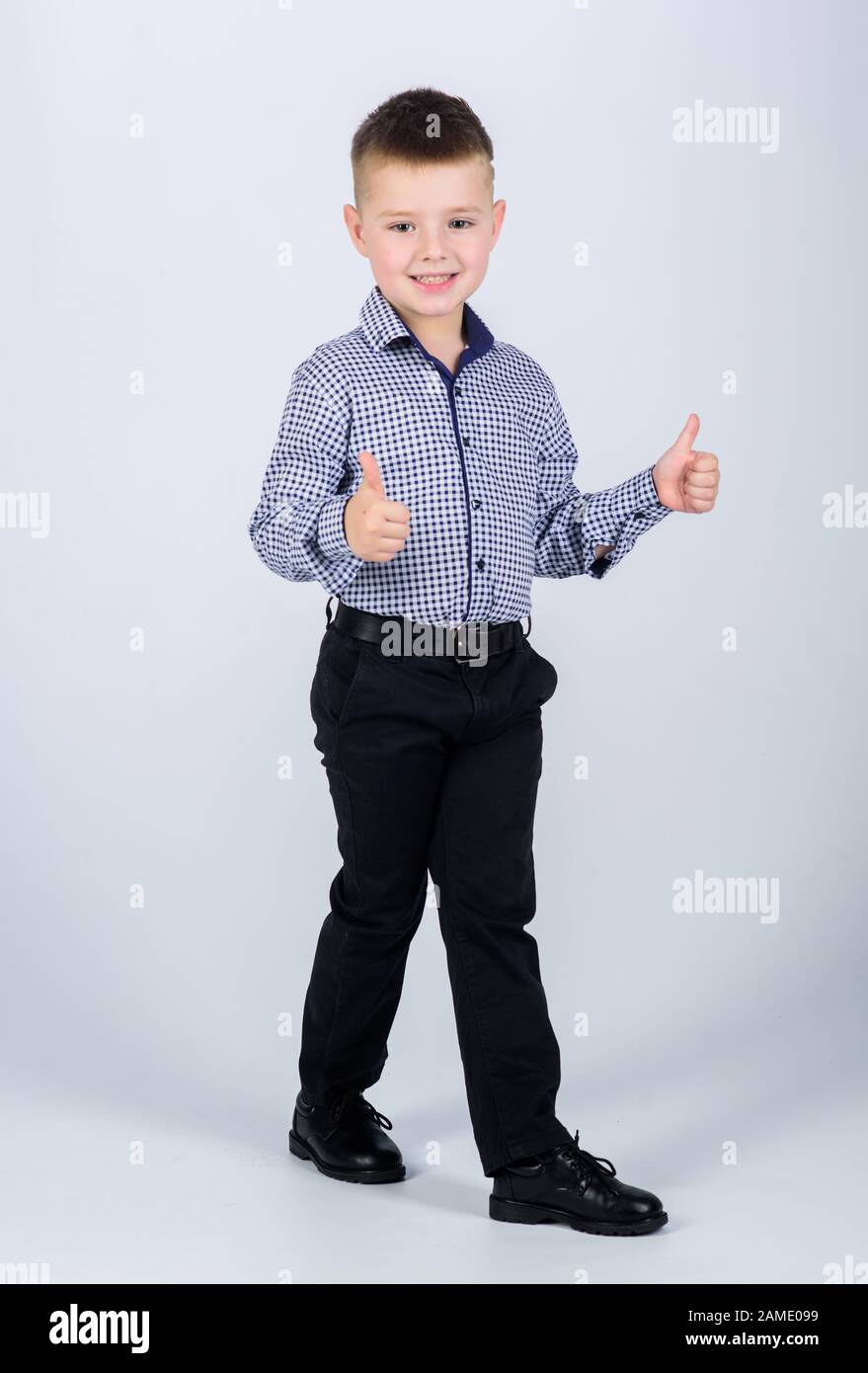 Kids fashion. Small businessman. Business school. Upbringing and development. Confident boy. Little boy wear formal clothes. Cute boy serious event outfit. Impeccable style. Happy childhood Stock Phot...