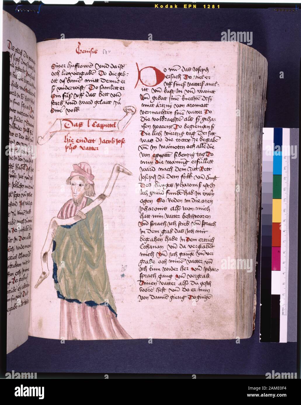 Text with placemarkers, rubric and large red initial; portrait of Jacob ...