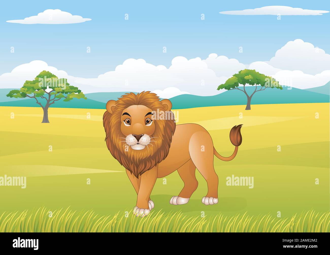 Cartoon lion with African landscape background Stock Vector