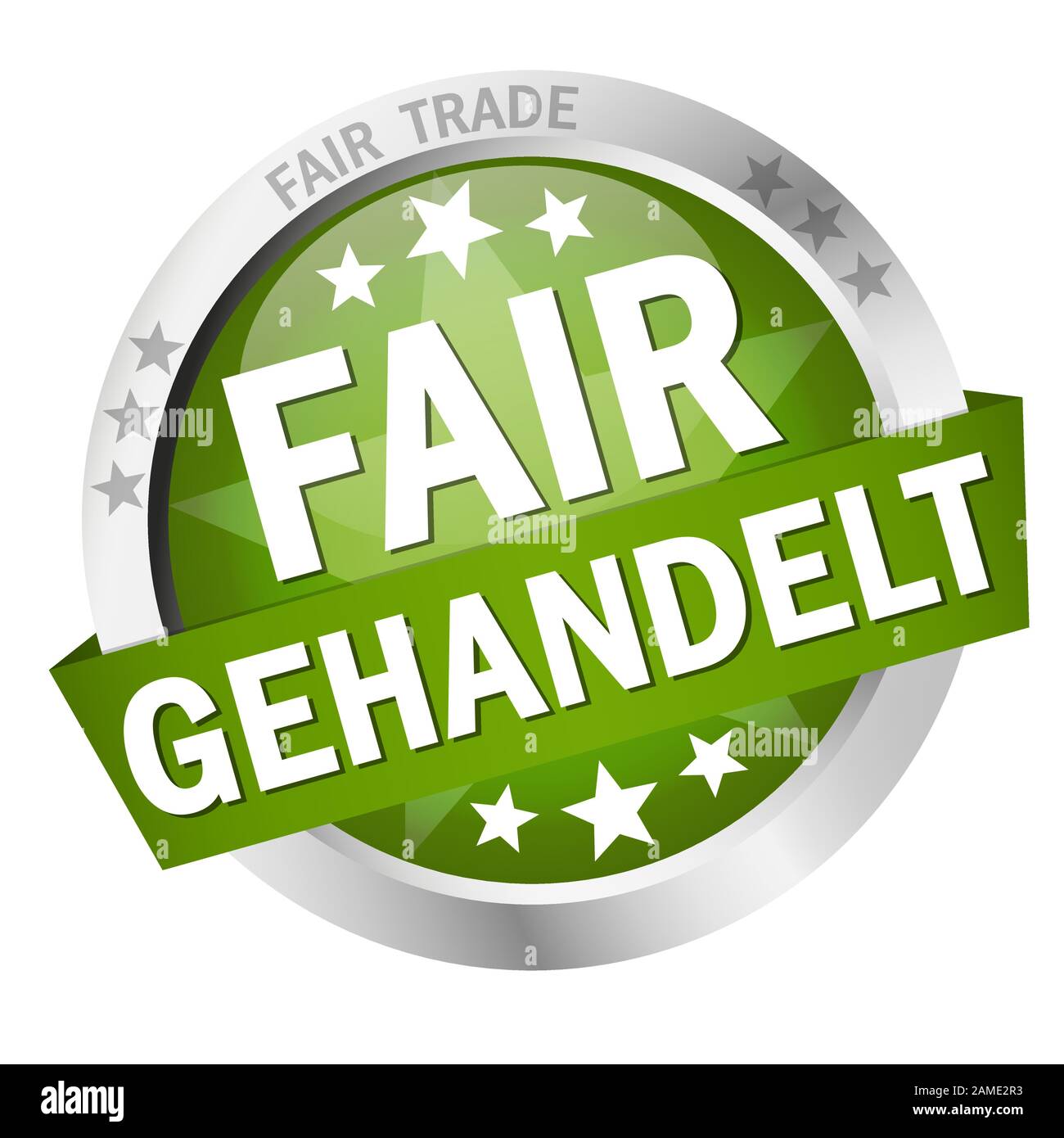 EPS 10 vector with round colored button with banner and text Fair trade (in german) Stock Vector