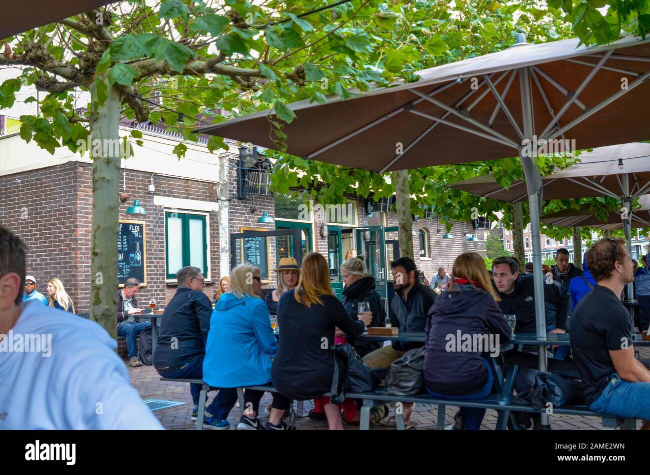 Amsterdam, Holland, August 2019. The Brouwerij't IJ brewery is housed in a mill which retains