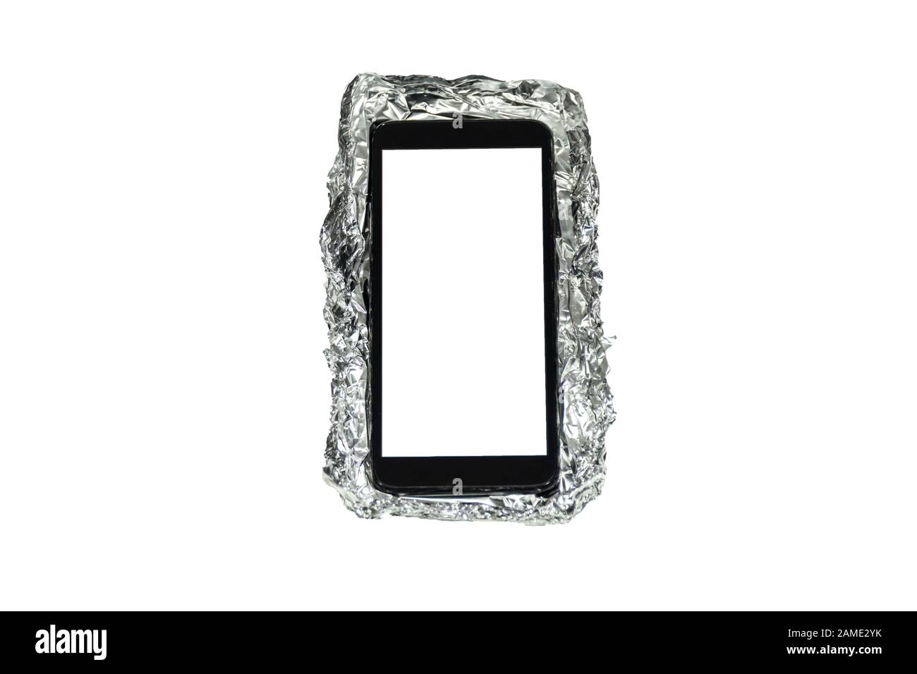 Smartphone and protection case made out of aluminum foil isolated on