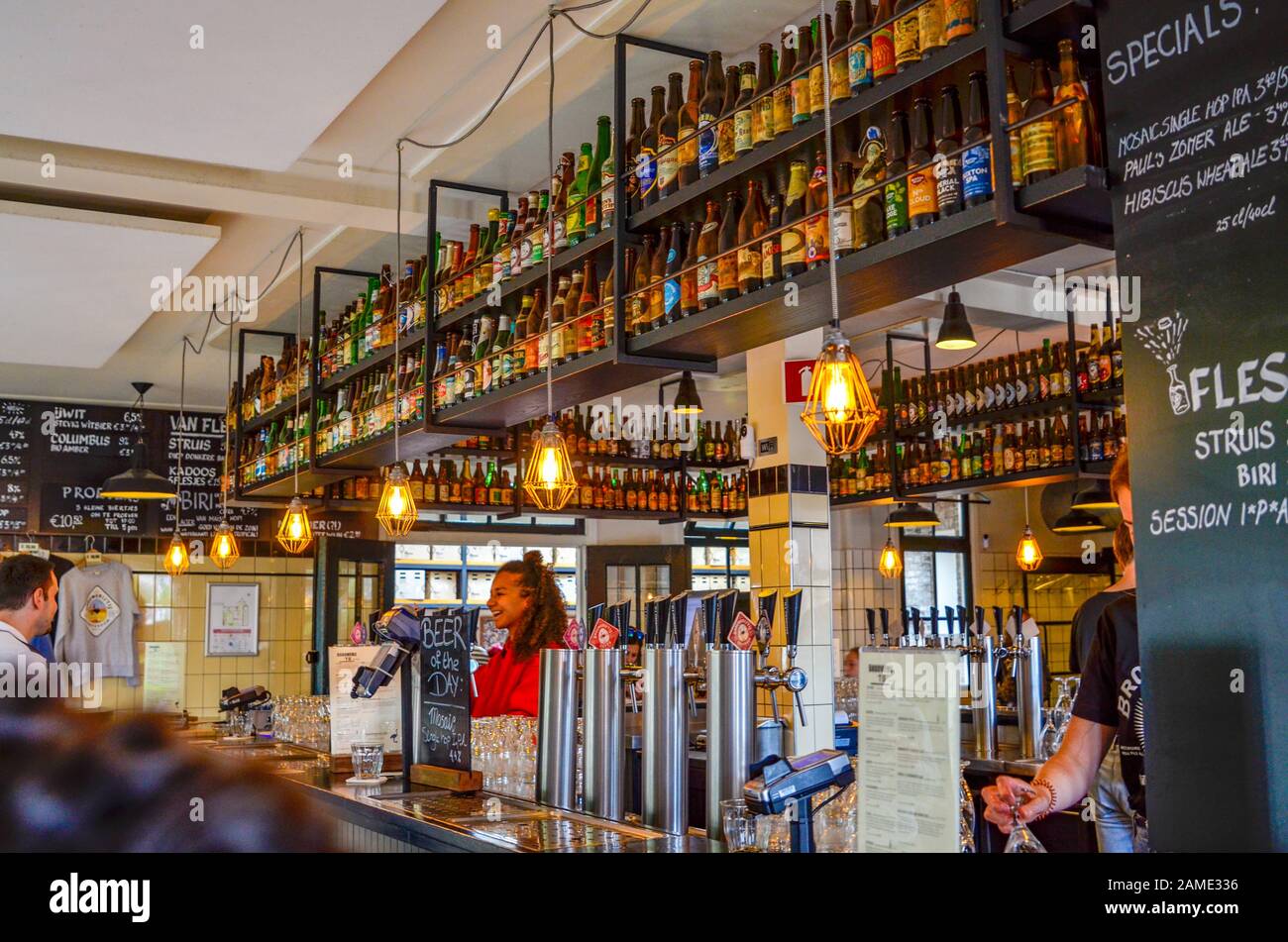 Amsterdam, Holland, August 2019. The Brouwerij't IJ brewery is housed in a mill which retains