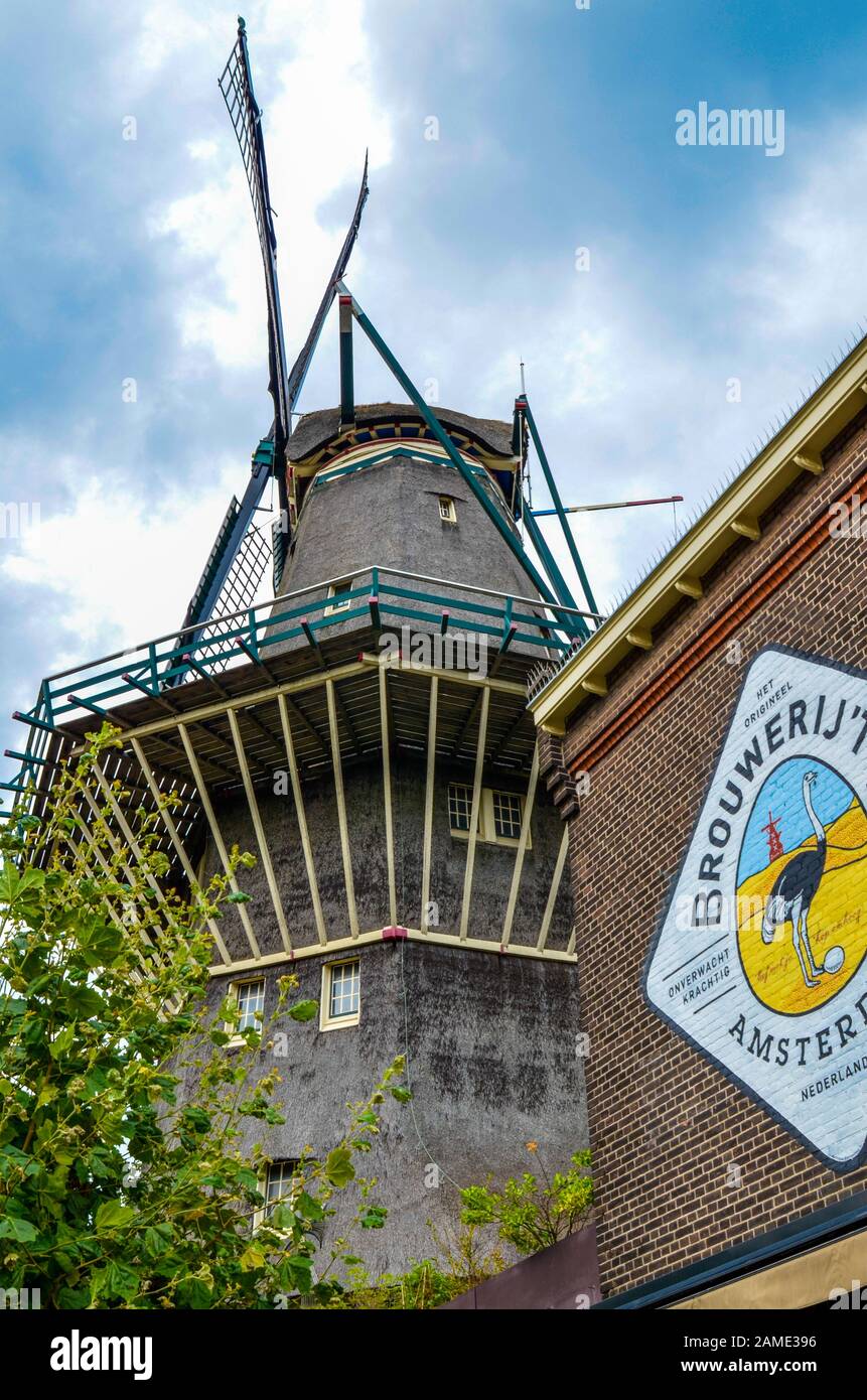 Amsterdam, Holland, August 2019. The Brouwerij't IJ brewery is housed in a mill that retains all