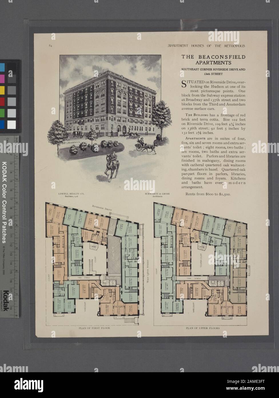 The Beaconsfield Apartments, southeast corner Riverside Drive and 136th Street; Plan of first floor; Plan of upper floors  Includes index. Lowell Realty Co., Builders, 1906 / Architects - Schwartz & Gross; The Beaconsfield Apartments, southeast corner Riverside Drive and 136th Street; Plan of first floor; Plan of upper floors. Stock Photo