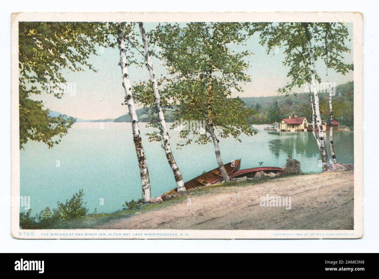 The Birches at Oak Birch Inn, Alton Bay, Lake Winnipesaukee, N H  Postcard series number: 9765 Became Detroit Publishing Company. New imprint with artist's pallet trademark. Included images with dates prior to 1906.; The Birches at Oak Birch Inn, Alton Bay, Lake Winnipesaukee, N. H. Stock Photo