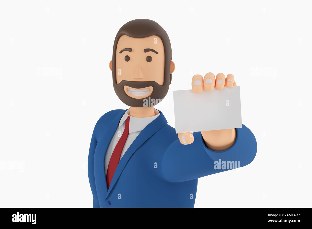 A drawn cartoon businessman is holding a business card, blank form or credit card. Businessman in a suit with an unusual look. 3D rendering Stock Photo