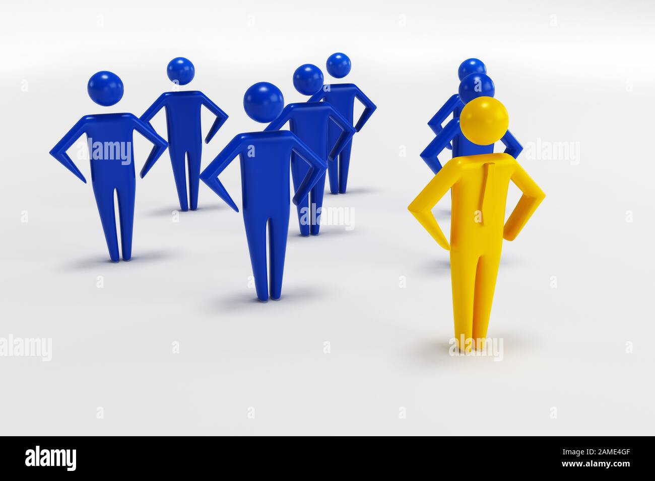 Concept leader of the business team indicates the direction of the movement towards the goal. Crowd of blue men goes for the leader of the gold color. 3D rendering Stock Photo