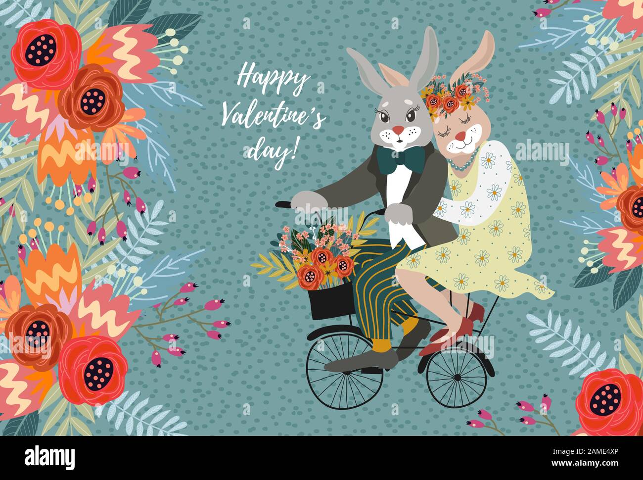 A couple of rabbits in love on a bicycle with a bouquet of flowers. Cute vector valentines day card. Stock Vector