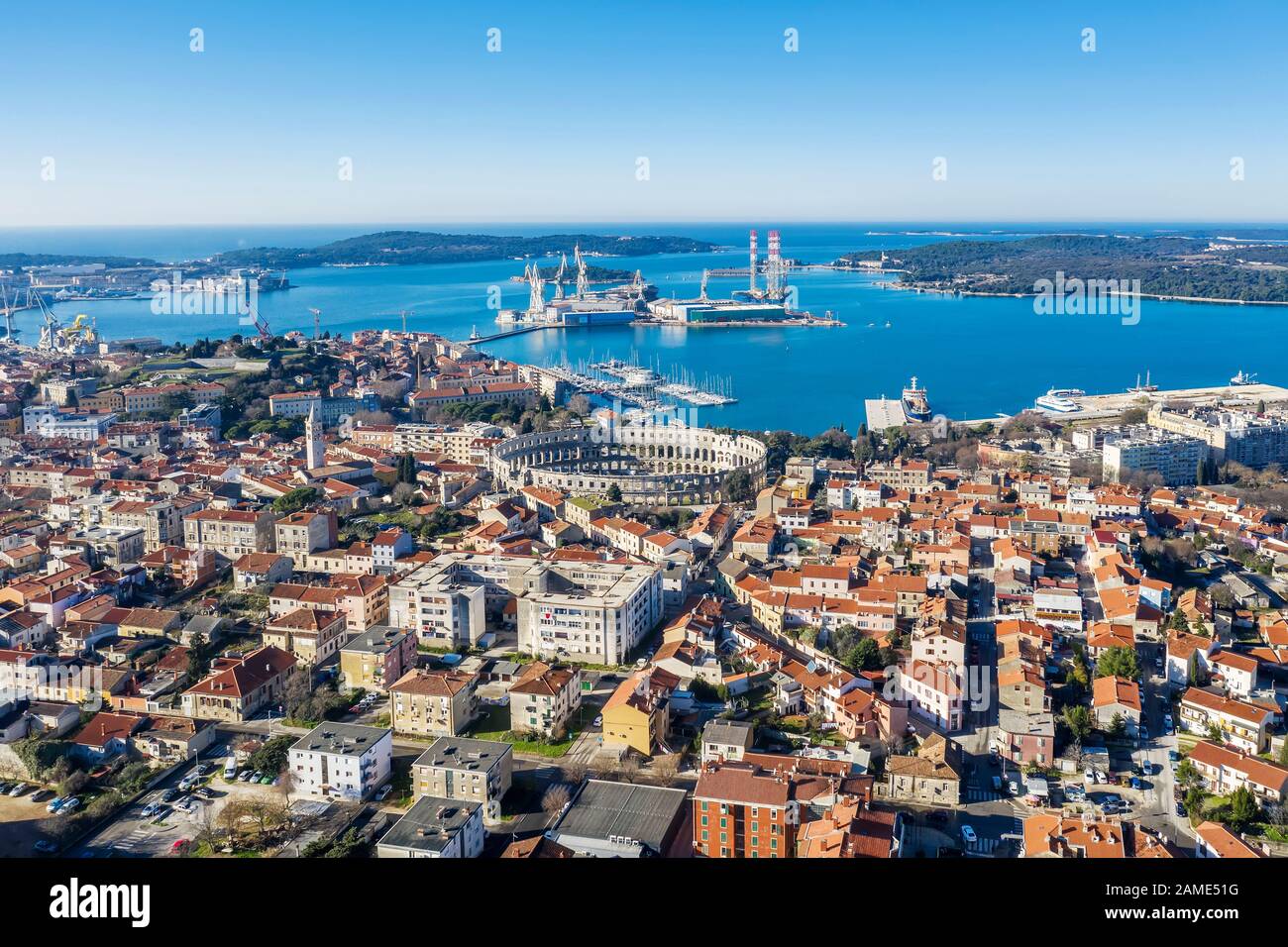 an aerial view of Pula with amphitheatre and port, Istria, Croatia Stock Photo