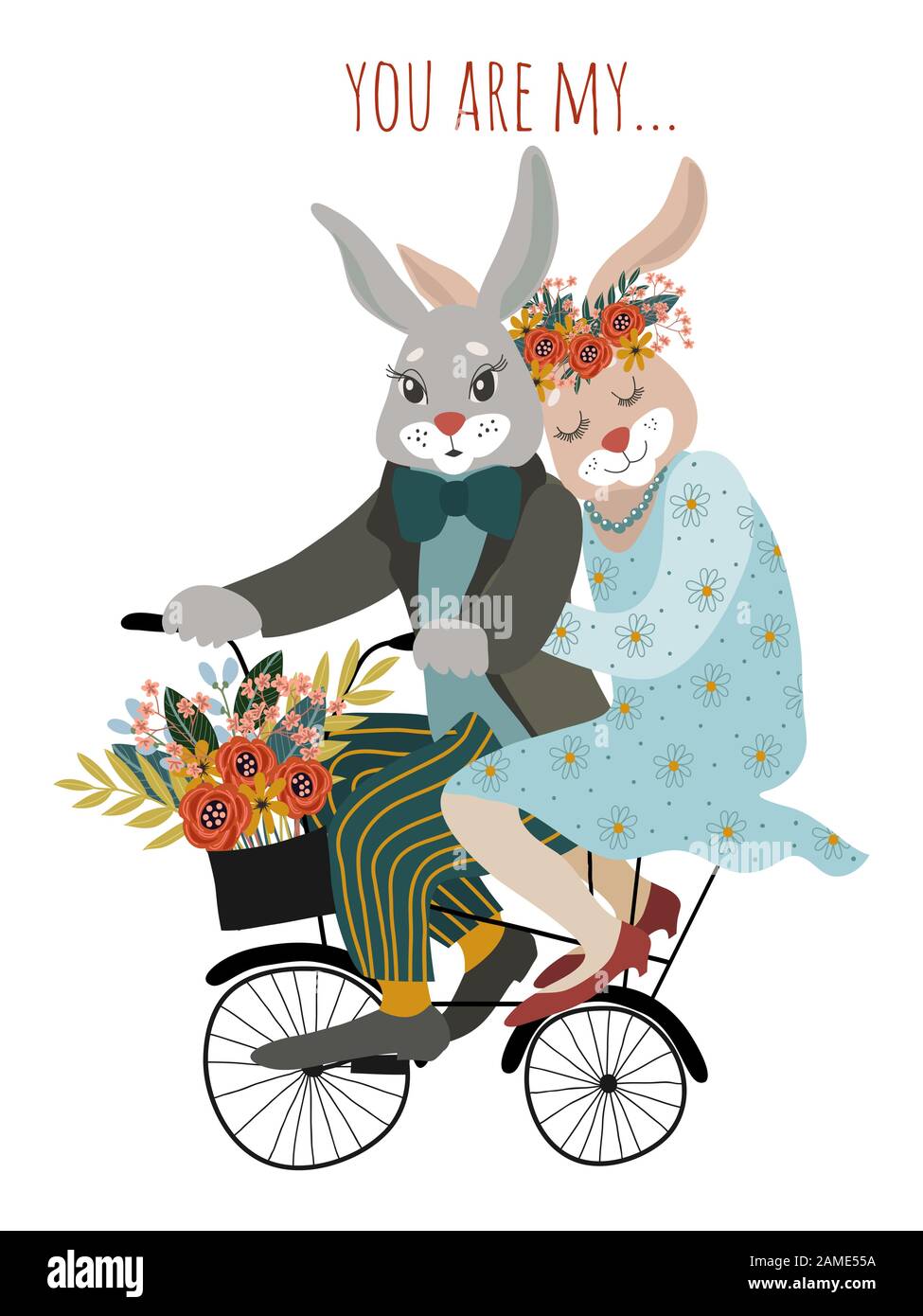 A couple of rabbits in love on a bicycle with a bouquet of flowers isolated on a white background. Cute vector valentines day card. Stock Vector