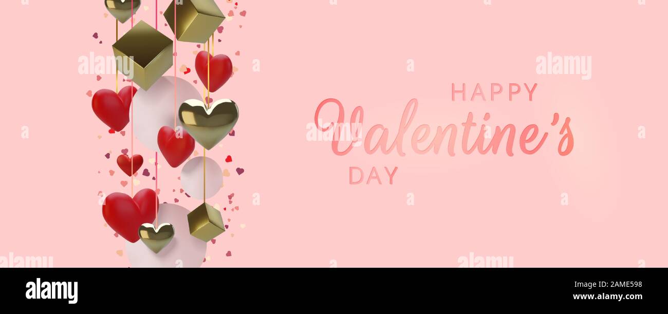 Happy Valentines Day greeting card. Realistic 3d hearts on red ...