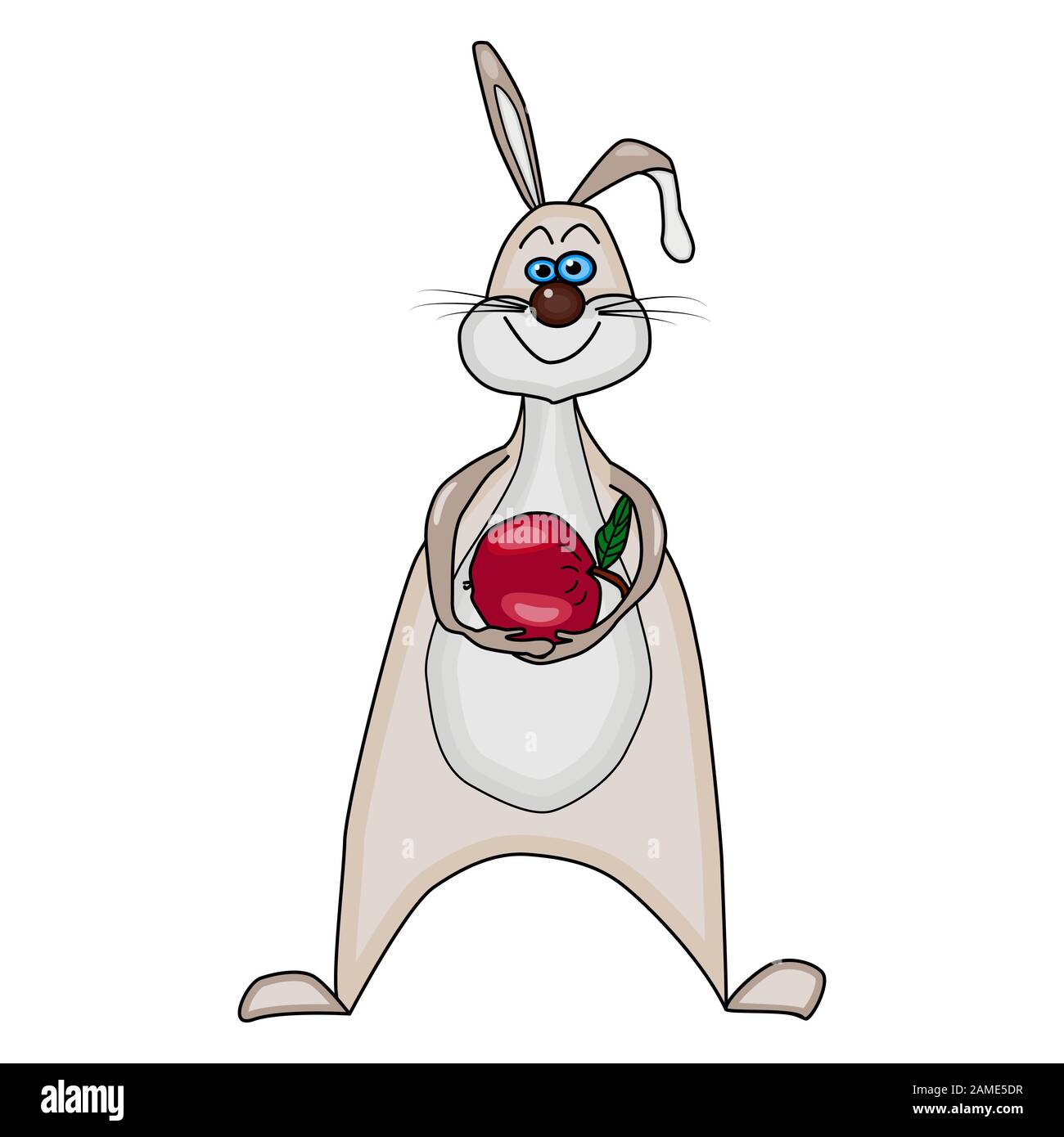 Bunny isolated on white background. Cute Easter Rabbit cartoon character. Bunny with apple. Flat vector. For t-shirt, bag print design, greeting card Stock Vector