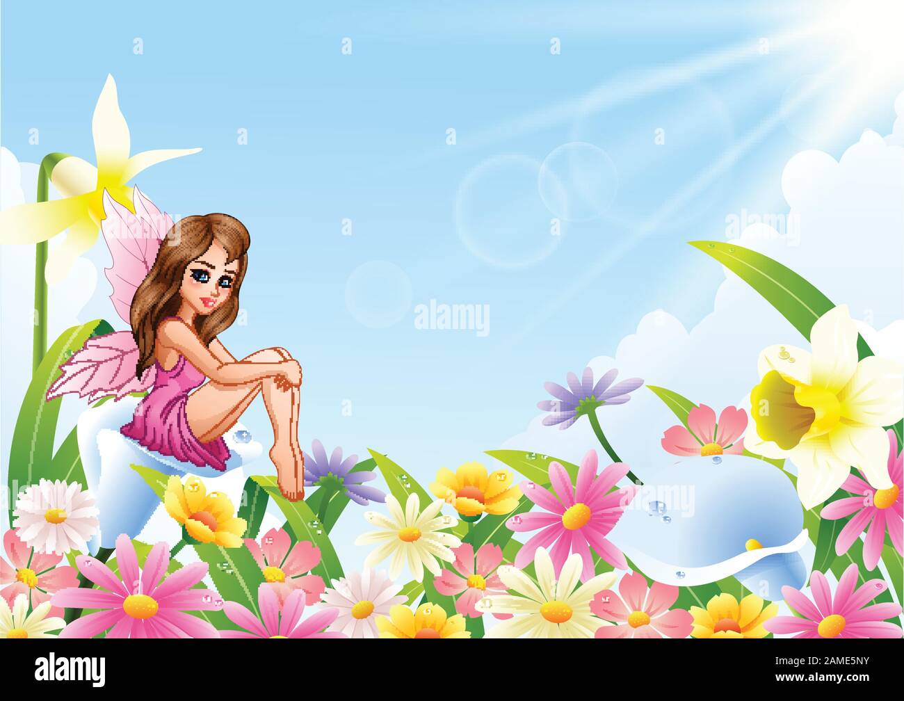 Cute fairy sitting on flower field Stock Vector Image & Art - Alamy