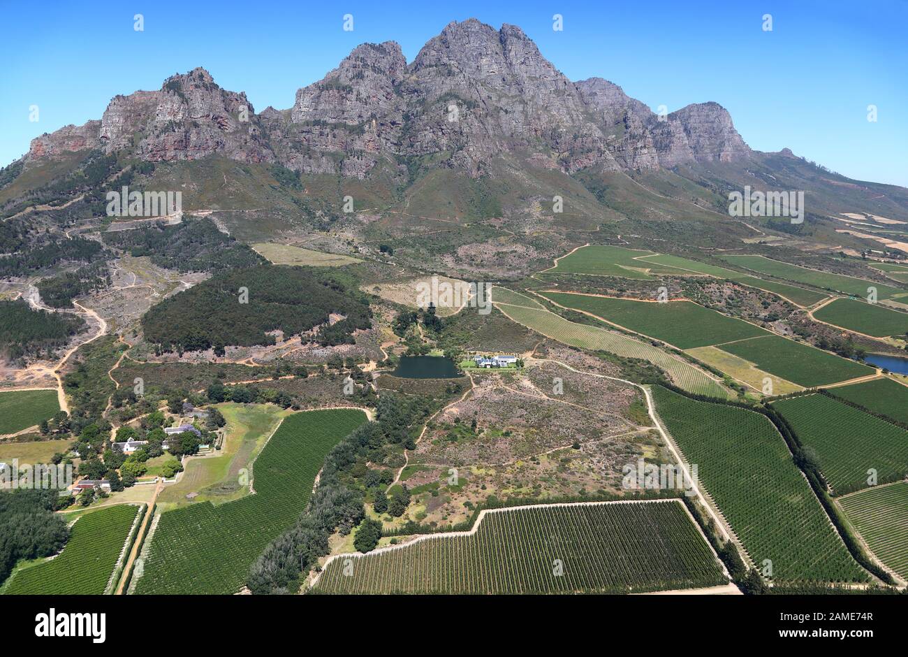 Aerial view of Simonsberg mountains and surrounding wine farms Stock Photo