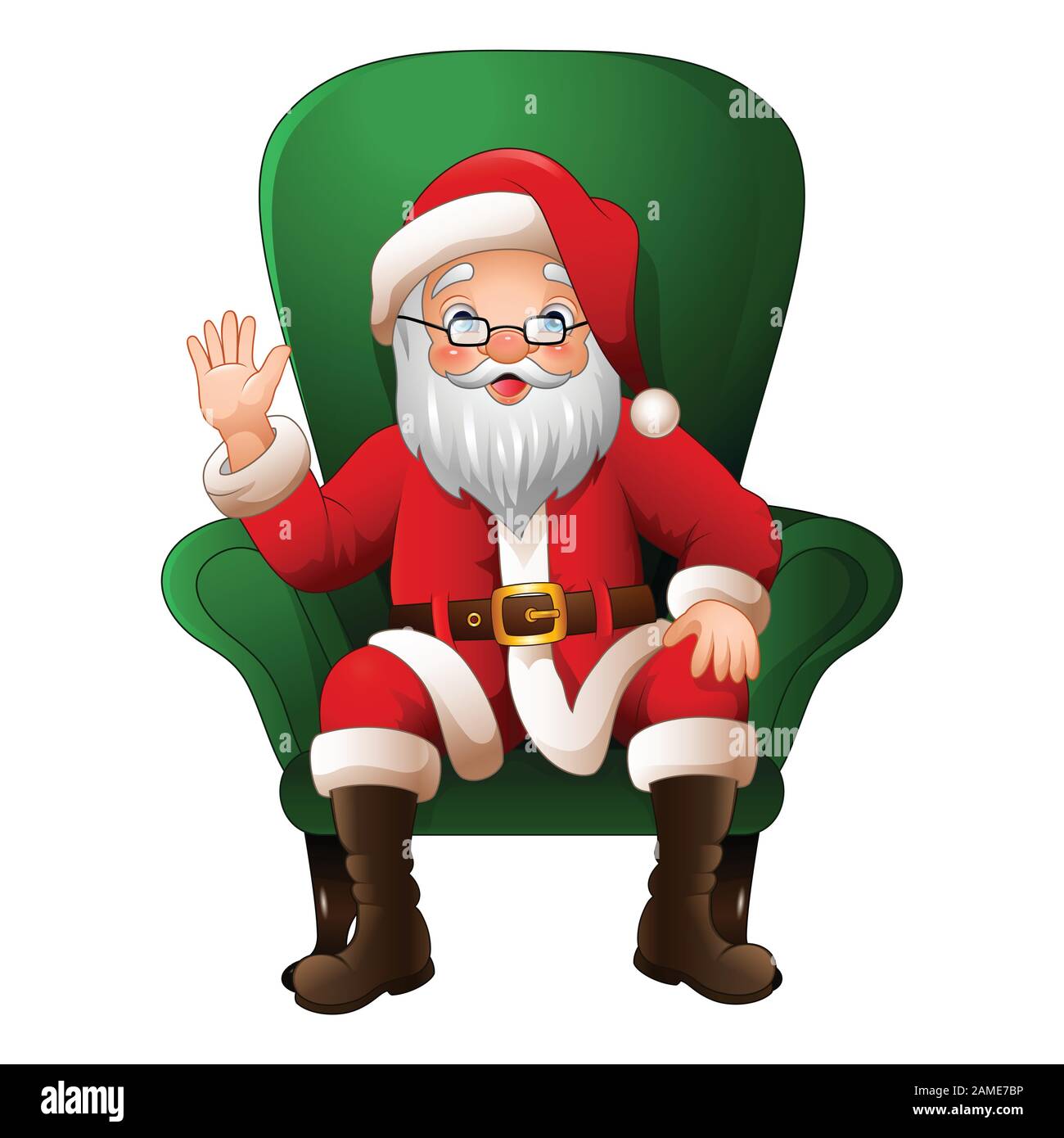 Cartoon santa claus sitting in green armchair on a white background