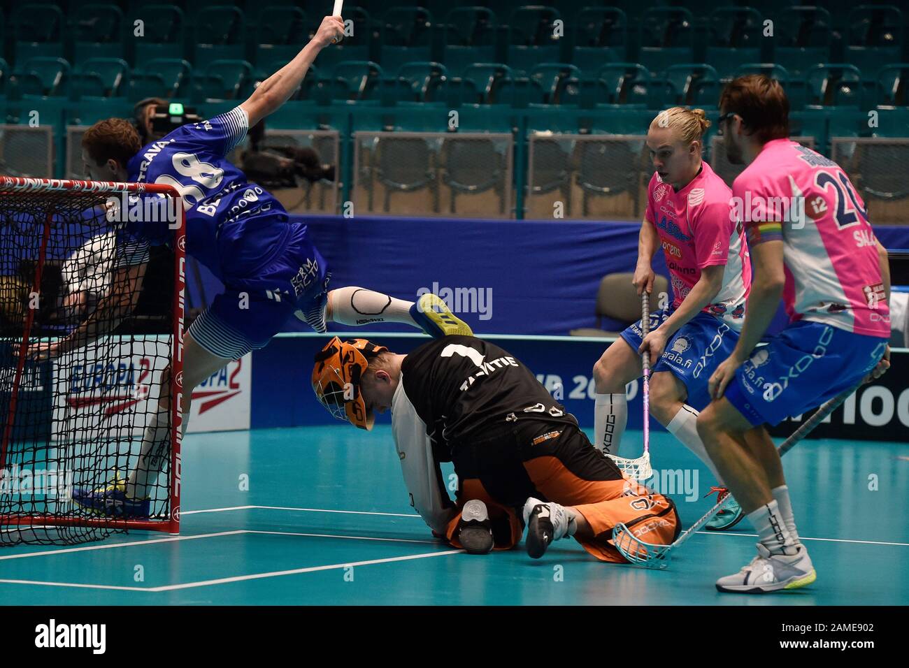 Ostrava, Czech Republic. 12th Jan, 2020. L-R Jiri Besta (Vitkovice), Markus Talvitie, Here Pulkkinen and Nico Salo (all Classic) in action during the IFF Floorball Champions Cup 2020, men's 3rd place match between 1st SC Vitkovice (Czech Republic) and Classic (Finland), on January 12, 2020, in Ostrava, Czech Republic. Credit: Jaroslav Ozana/CTK Photo/Alamy Live News Stock Photo