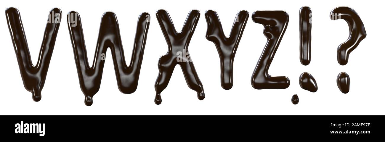 Chocolate font food type for sweet design. 3d render of v w x y z letters and special signs made from delicious dark chocolate. Stock Photo