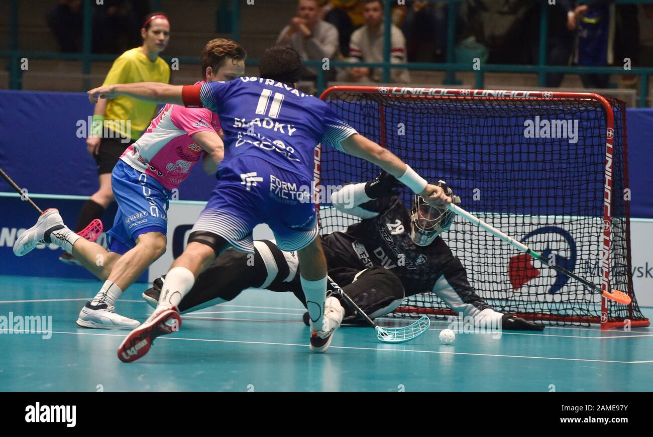 L-R Ville Lastikka (Classic), Sladky and Lukas Soucek (both Vitkovice) in action during the IFF Floorball Champions Cup 2020, men's 3rd place match between 1st SC Vitkovice (Czech and Classic (