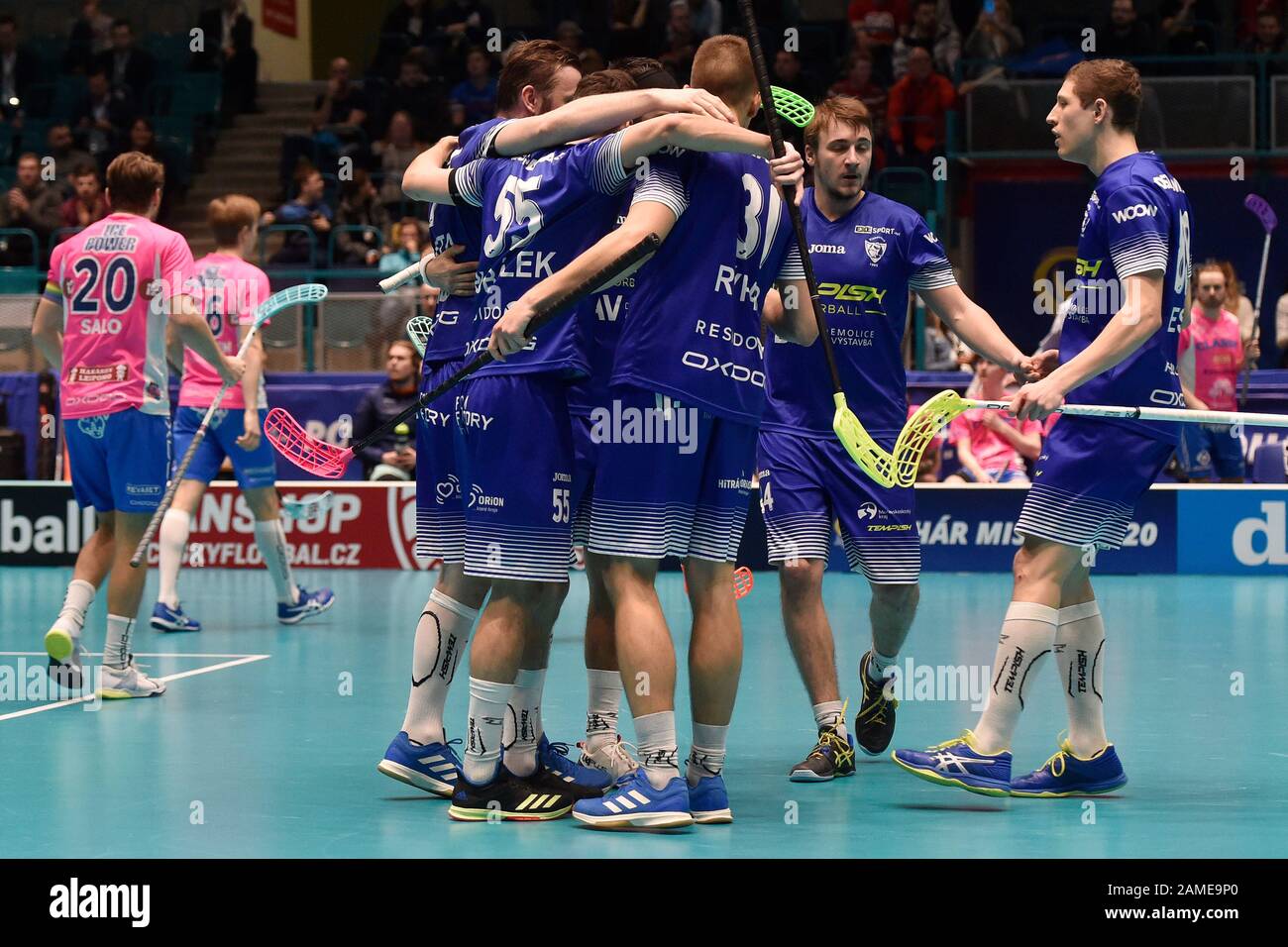 Ostrava, Czech Republic. 12th Jan, 2020. 1st SC Vitkovice floorball players  celebrate a goal during the IFF Floorball Champions Cup 2020, men's 3rd  place match between 1st SC Vitkovice (Czech Republic) and